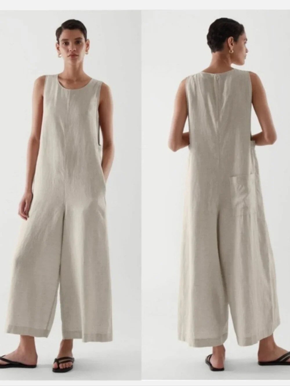 COS 100% Linen Sleeveless Wide-Leg Oversized Jumpsuit in Natural Size XS